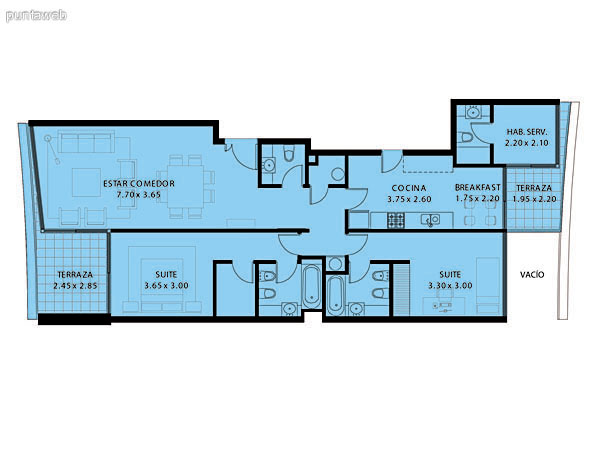 Plano de planta de 3 dormitorios con 4 baos (3 suites + bao social), totalmente exterior al ser esquinero.