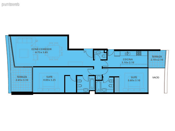 Plano de planta de 2 dormitorios con 3 baños (2 suites + baño social, habitación de servicio con baño y dos terrazas.