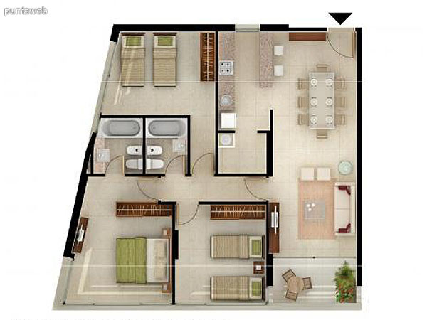 Unidad de 3 dormitorios.<br>Dormitorio principal en suite, posee vistas exteriores y bao completo de correctas dimensiones.<br>Segundo y tercer dormitorio comparten bao  exteriores con tercer bao completo.<br>Cocina interior con mesada en linea prxima a comedor diario.<br>Living comedor de excelentes dimensiones con acceso a terraza exterior.