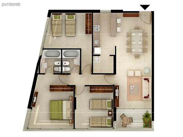 Unidad de 3 dormitorios.<br>Dormitorio principal en suite, posee vistas exteriores y bao completo de correctas dimensiones.<br>Segundo y tercer dormitorio comparten bao completo interior.<br>Cocina exterior con 2 mesadas en linea con despensa.<br>Living comedor, de excelentes dimensiones integrado a la cocina mediante una barra desayuador.,acceso a terraza desde el ambiente.<br>