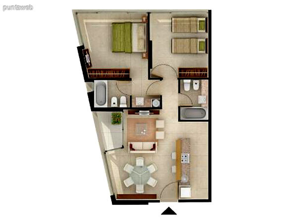 Unidad de 2 dormitorios.<br>Dormitorio principal en suite, bao completo exterior.<br>Segundo dormitorio delimitado por menor metraje Segundo bao completo, interior. 