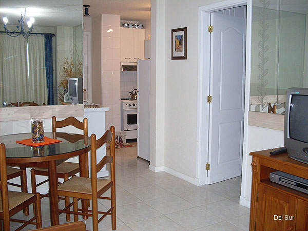 Ambiente del apartamento, se ve la cocina y el acceso al dormitorio.