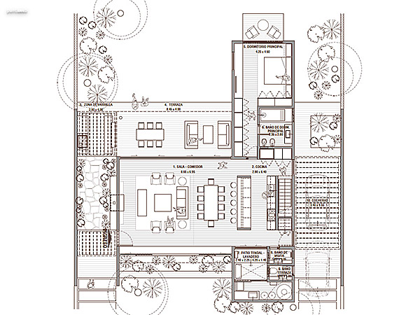 Tipologa Esquina 1 – Planta Baja<br><br>Superficie cubierta cerrada P.B: 127.60m<br>Superficie cubierta terraza P.B: 45.60m<br>Superficie prgola–cochera: 23.80m<br><br>Total : 302.12m<br>Supericie del terreno propio: 949.07m<br>Superficie proporcional rea comn: 1025.77m / 5 = 205.15m