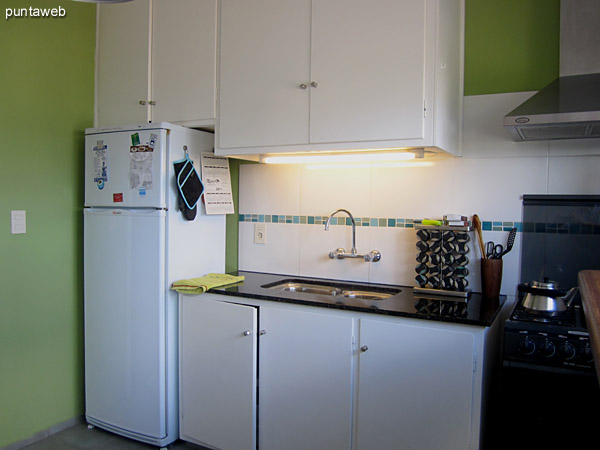 General view of the kitchen. Located on the front of the apartment is fitted out with furniture under table and equipped with gas stove, range hood, double sink, large refrigerator, microwave, blender, etc.
