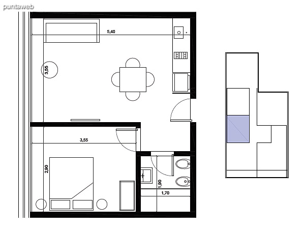 Tipologa 06. 1 dormitorio, 1 bao.<br>rea interior: 38 m<br>rea exterior 2 m<br>rea compun 7 m<br>Estacionamiento 10 m