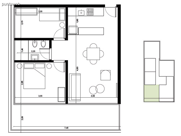 Tipologa 01. 2 dormitorios, 1 bao.<br>rea interior: 51 m<br>rea exterior 17 m<br>rea compun 10 m<br>Estacionamiento 12 m