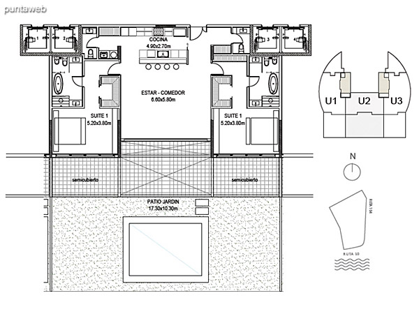 Planta Baja Unidad 2<br><br>Sup. Cubierta: 157.41 m<br>Sup. Semicubierta: 31.45 m<br>Sup. Exterior: 153.77 m<br>Sup. Comn: 8.58 m<br>Sup. Amenities: 11.01 m<br>Sup. Cochera + Baulera: 15.00 m<br>Sup. Total: 377.22 m