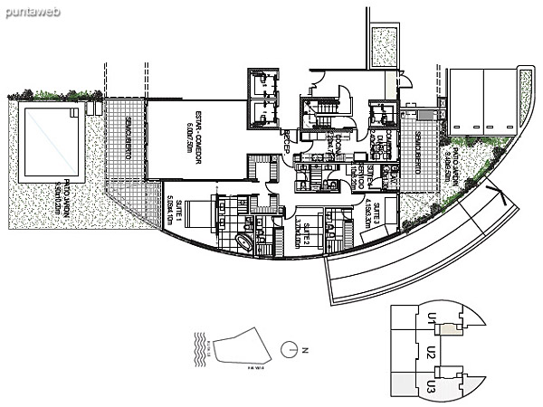 Planta Baja Unidad 3<br><br>Sup. Cubierta: 183.71 m<br>Sup. Semicubierta: 40.03 m<br>Sup. Exterior: 112.57 m<br>Sup. Comn: 8.58 m<br>Sup. Amenities: 12.85 m<br>Sup. Cochera + Baulera: 15.00 m<br>Sup. Total: 372.74 m