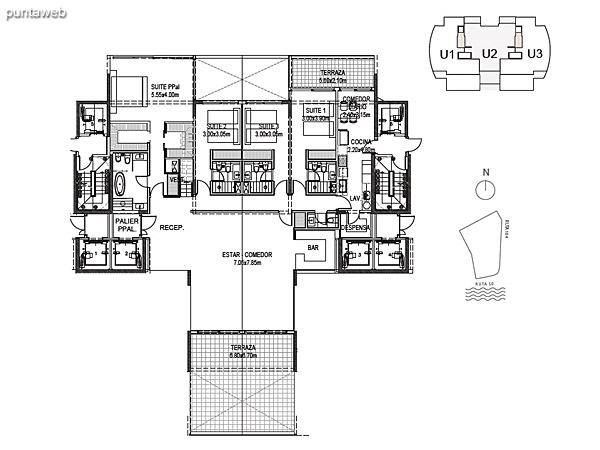 Penthouse Unidad 2 Planta Inferior<br><br>Sup. Cubierta: 239.04 m<br>Sup. Terraza Semicubierta: 29.60 m<br>Sup. Terraza Descubierta: 29.93 m<br>Sup. Comn: 8.58 m<br>Sup. Amenities: 15.91 m<br>Sup. Cochera + Baulera: 15.00 m<br>Sup. Total Planta Inferior: 338.05 m<br>Sup. Total Planta Superior: 172.51 m<br>Sup. Total: 510.26 m