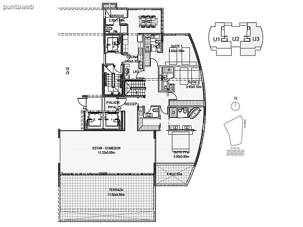 Penthouse Unidad 3 Planta Inferior<br><br>Sup. Cubierta: 211.80 m<br>Sup. Terraza Semicubierta: 48.84 m<br>Sup. Terraza Descubierta: 24.66 m<br>Sup. Comn: 8.58 m<br>Sup. Amenities: 14.82 m<br>Sup. Cochera + Baulera: 15.00 m<br>Sup. Total Planta Inferior: 323.70 m<br>Sup. Total Planta Superior: 94.62 m<br>Sup. Total: 418.32 m