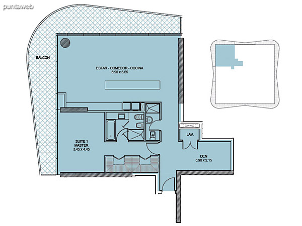 Tipologa 05. Una Suite + Den.<br><br>Superficie cubierta: 107.82 m2<br>Superficie balcn: 36.43 m2<br>Superficie total: 144.25 m2