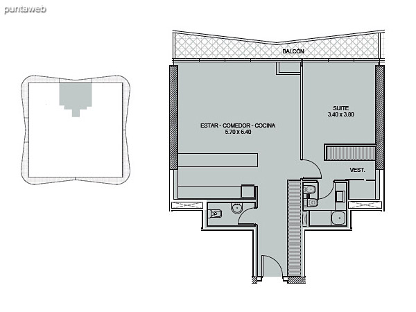 Tipologa 04. Una Suite.<br><br>Superficie cubierta: 76.82 m2<br>Superficie balcn: 9.84 m2<br>Superficie total: 86.86 m2