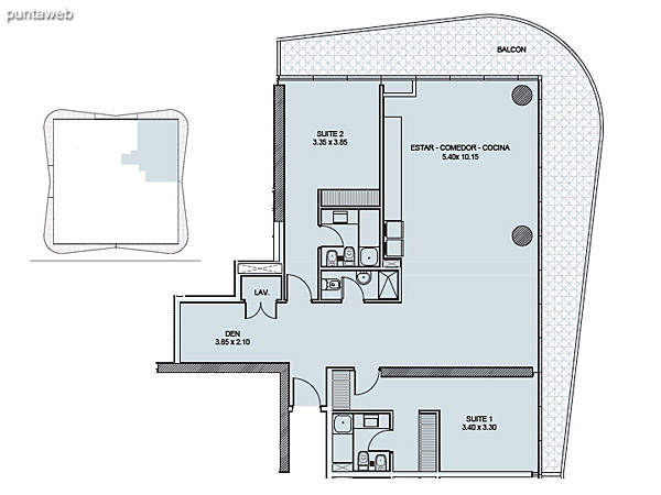 Tipología 03. Dos Suites + Den.<br><br>Superficie cubierta: 134.25 m2<br>Superficie balcón: 39.88 m2<br>Superficie total: 174.13 m2