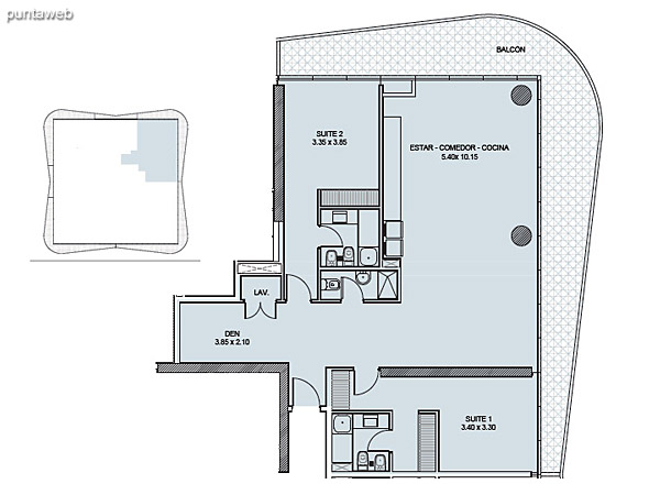 Tipologa 03. Dos Suites + Den.<br><br>Superficie cubierta: 134.25 m2<br>Superficie balcn: 39.88 m2<br>Superficie total: 174.13 m2