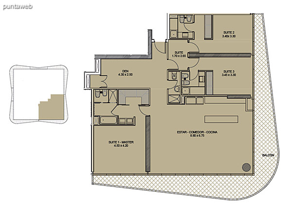 Tipología 02. Tres Suites + Den.<br><br>Superficie cubierta: 172.88 m2<br>Superficie balcón: 44.80 m2<br>Superficie total: 217.68 m2