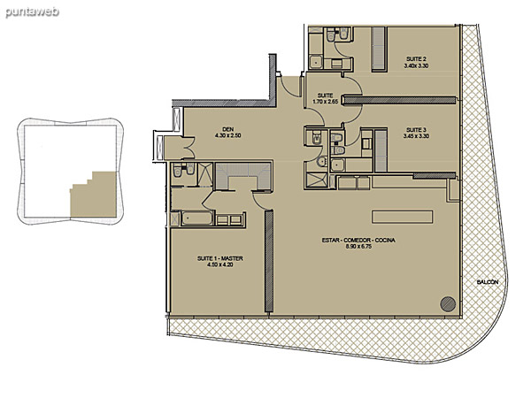 Tipologa 02. Tres Suites + Den.<br><br>Superficie cubierta: 172.88 m2<br>Superficie balcn: 44.80 m2<br>Superficie total: 217.68 m2