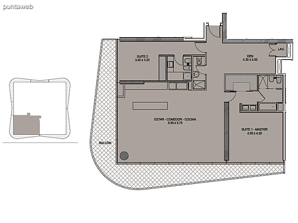Tipología 01. Dos Suites + Den.<br><br>Superficie cubierta: 146.09 m2<br>Superficie balcón: 41.23 m2<br>Superficie total: 187.32 m2