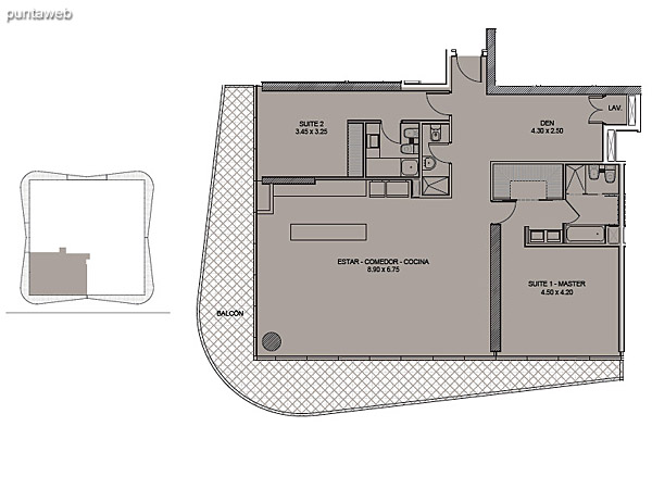 Tipologa 01. Dos Suites + Den.<br><br>Superficie cubierta: 146.09 m2<br>Superficie balcn: 41.23 m2<br>Superficie total: 187.32 m2