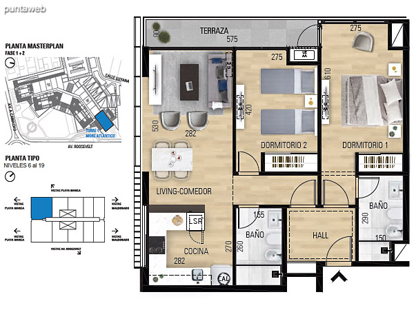 Tipo 2D–1 Unidades 601 al 1901 – 2 dormitorios, 2 baños<br>Área total: 123.05 m²<br>Área propia: 72.60 m²<br>Área terraza cubierta: 5.20 m²<br>Área terraza descubierta: 0.0 m²<br>Espacios comunes: 45.25 m²