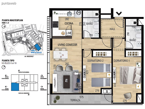 Tipo 2D–1 Lock Off Unidades 601 al 1901 – 2 dormitorios, 2 baos<br>rea total: 123.05 m<br>rea propia: 72.60 m<br>rea terraza cubierta: 5.20 m<br>rea terraza descubierta: 0.0 m<br>Espacios comunes: 45.25 m