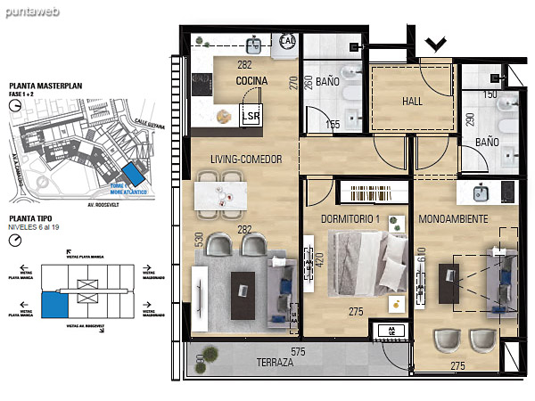 Tipo 2D–1 Unidades 602 al 1902 – 2 dormitorios, 2 baños<br>Área total: 123.05 m²<br>Área propia: 72.60 m²<br>Área terraza cubierta: 5.20 m²<br>Área terraza descubierta: 0.0 m²<br>Espacios comunes: 45.25 m²