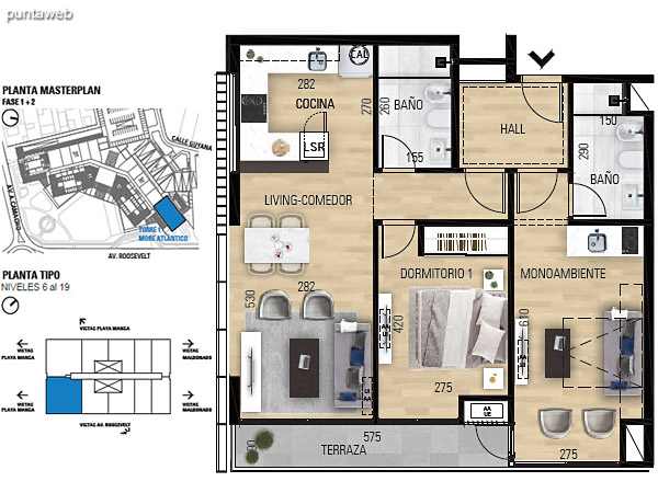 Tipo 2D–1 Lock Off Unidades 602 al 1902 – 2 dormitorios, 2 baos<br>rea total: 123.05 m<br>rea propia: 72.60 m<br>rea terraza cubierta: 5.20 m<br>rea terraza descubierta: 0.0 m<br>Espacios comunes: 45.25 m