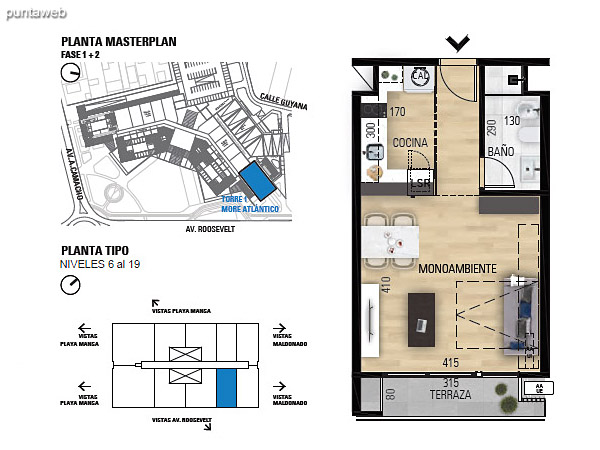 Tipo M–1 Unidades 607 al 1907 – Monoambiente, 1 bao<br>rea total: 55.83 m<br>rea propia: 31.40 m<br>rea terraza cubierta: 3.90 m<br>rea terraza descubierta: 0.0 m<br>Espacios comunes: 20.53 m