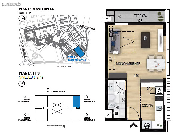 Tipo M–1 Unidades 608 al 1908 – Monoambiente, 1 bao<br>rea total: 55.83 m<br>rea propia: 31.40 m<br>rea terraza cubierta: 3.90 m<br>rea terraza descubierta: 0.0 m<br>Espacios comunes: 20.53 m