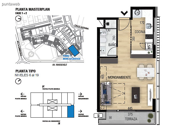 Tipo M–2 Unidades 610 al 1910 – Monoambiente, 1 bao<br>rea total: 61.84 m<br>rea propia: 35.10 m<br>rea terraza cubierta: 4.00 m<br>rea terraza descubierta: 0.0 m<br>Espacios comunes: 22.74 m