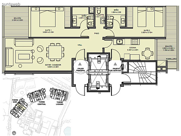 Torre Mar – Unidad 03 – 2 suites<br><br>Superficie cubierta: 90.13 m<br>Superficie semi cubierta: 16.82 m<br>Baulera: 2 m<br>Circulacin: 15.23 m<br>Total: 124.18 m