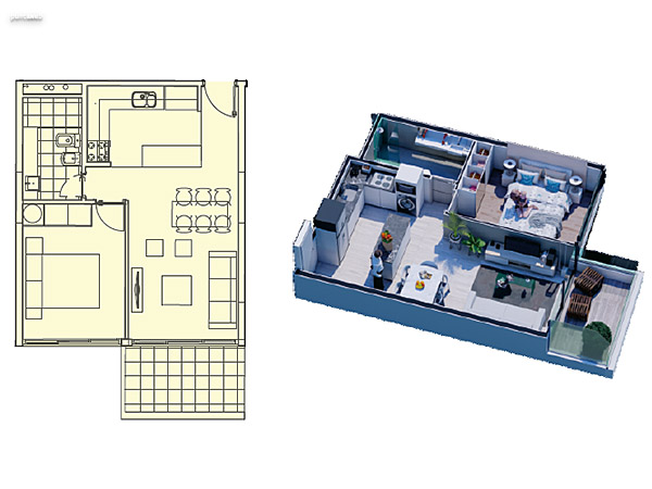 1 dormitorio / 1 bao<br>Unidades 04 / 07<br>Sup. Interior................. 45,00 m2<br>Sup. Balcn ................ 6,00 m2<br>Sup. Cochera ............. 12,00 m2<br>Sup. Areas comunes. 10,00 m2<br>TOTAL ........................... 73,00 m2