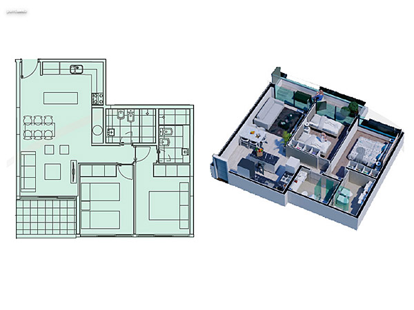 2 Dormitorios / 2 baos<br>Unidades 02 / 09<br>Sup. Interior................. 66,00 m2<br>Sup. Balcn ................ 8,00 m2<br>Sup. Cochera ............. 12,00 m2<br>Sup. Areas comunes. 14,00 m2<br>TOTAL ......................... 100,00 m2