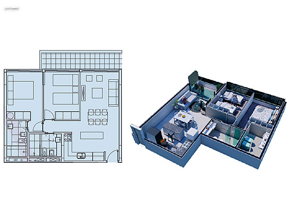 2 Dormitorios / 2 baos<br>Unidades 05 / 06<br>Sup. Interior................. 69,00 m2<br>Sup. Balcn ................ 8,00 m2<br>Sup. Cochera ............. 12,00 m2<br>Sup. Areas comunes. 14,00 m2<br>TOTAL ......................... 103,00 m2