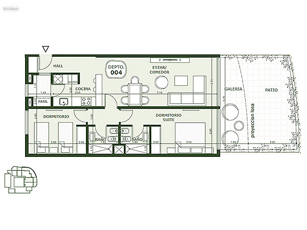 Apartamento 004 – 2 dormitorios<br>Superficie cubierta 71.05 m<br>Galera 14.25 m<br>Patio 20.80 m<br>Circulacin comn 5.05 m<br>Total comercial 111.75 m<br>Comn 10.15 m<br>Cocheras 23.60 m<br><br>Superficie total 145.50 m