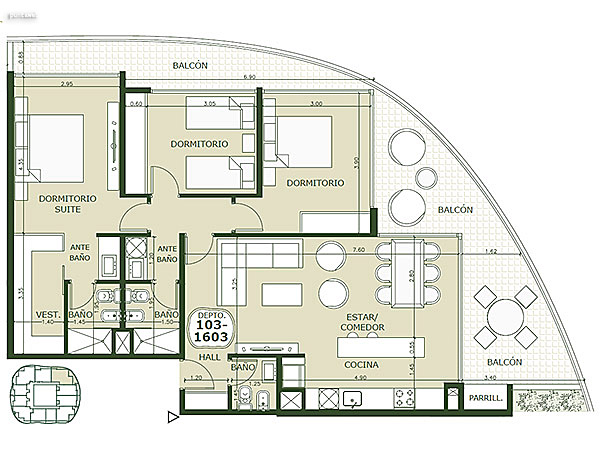 Apartamento 103 al 1603 – 3 dormitorios<br>Superficie cubierta 96.95 m²<br>Galería 33.65 m²<br>Circulación común 13.30 m²<br>Total comercial 143.90 m²<br>Común 15.55 m²<br>Cocheras 36.15 m²<br><br>Superficie total 195.60 m²
