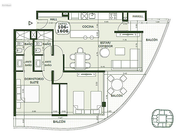 Apartamento 106 al 1606 – 2 dormitorios<br>Superficie cubierta 76.25 m²<br>Galería 26.20 m²<br>Circulación común 10.40 m²<br>Total comercial 112.85 m²<br>Común 12.20 m²<br>Cocheras 28.35 m²<br><br>Superficie total 153.40 m²
