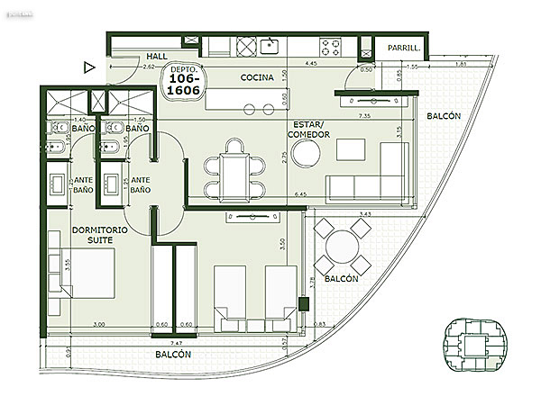 Apartamento 106 al 1606 – 2 dormitorios<br>Superficie cubierta 76.25 m<br>Galera 26.20 m<br>Circulacin comn 10.40 m<br>Total comercial 112.85 m<br>Comn 12.20 m<br>Cocheras 28.35 m<br><br>Superficie total 153.40 m