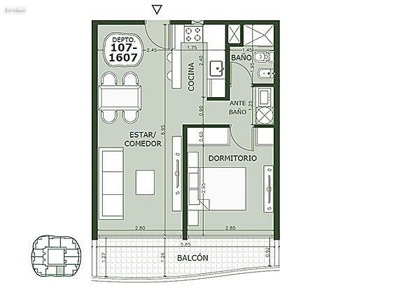 Apartamento 107 al 1607 – 1 dormitorio<br>Superficie cubierta 42.75 m<br>Galera 7.90 m<br>Circulacin comn 5.15 m<br>Total comercial 55.80 m<br>Comn 6.05 m<br>Cocheras 14.00 m<br><br>Superficie total 75.85 m