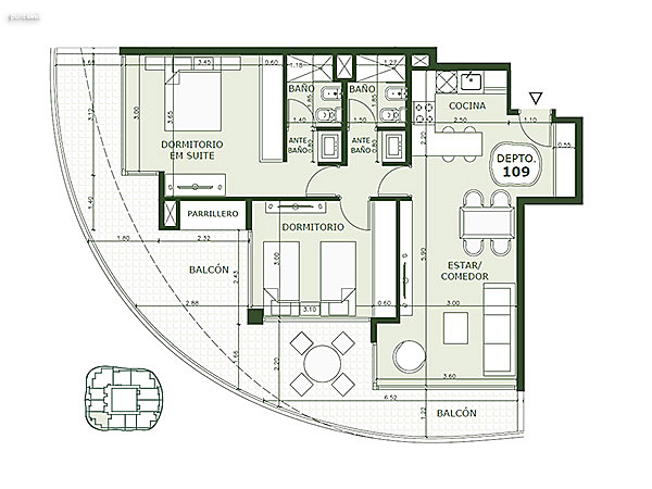 Apartamento 109 – 2 dormitorios<br>Superficie cubierta 68.80 m<br>Galera 23.70 m<br>Circulacin comn 11.50 m<br>Total comercial 113.40 m<br>Comn 11.00 m<br>Cocheras 25.60 m<br><br>Superficie total 150.00 m