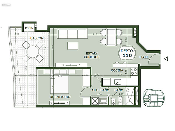 Apartamento 110 – 1 dormitorio<br>Superficie cubierta 48.50 m<br>Galera 11.85 m<br>Terraza 3.15 m<br>Circulacin comn 6.15 m<br>Total comercial 69.65 m<br>Comn 7.20 m<br>Cocheras 16.70 m<br><br>Superficie total 93.55 m