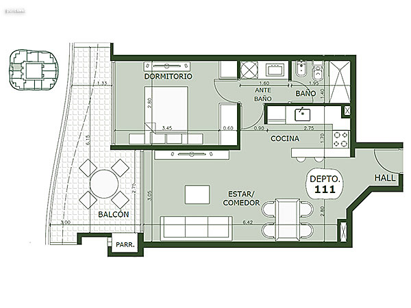 Apartamento 111 – 1 dormitorio<br>Superficie cubierta 48.80 m<br>Galera 10.35 m<br>Terraza 4.65 m<br>Circulacin comn 6.00 m<br>Total comercial 69.80 m<br>Comn 7.05 m<br>Cocheras 16.40 m<br><br>Superficie total 93.25 m