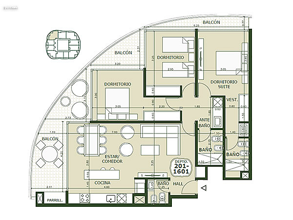 Apartamento 201 al 1601 – 3 dormitorios<br>Superficie cubierta 93.60 m²<br><br>Terraza 26.30 m²<br>Circulación común 12.20 m²<br>Total comercial 132.10 m²<br>Común 14.30 m²<br>Cocheras 33.20 m²<br><br>Superficie total 179.60 m²
