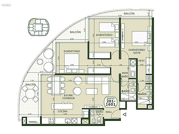 Apartamento 201 al 1601 – 3 dormitorios<br>Superficie cubierta 93.60 m<br><br>Terraza 26.30 m<br>Circulacin comn 12.20 m<br>Total comercial 132.10 m<br>Comn 14.30 m<br>Cocheras 33.20 m<br><br>Superficie total 179.60 m