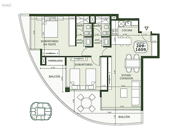 Apartamento 209 al 1609 – 2 dormitorios<br>Superficie cubierta 68.80 m²<br>Galería 23.70 m²<br><br>Circulación común 9.40 m²<br>Total comercial 101.90 m²<br>Común 11.00 m²<br>Cocheras 25.60 m²<br><br>Superficie total 138.50 m²