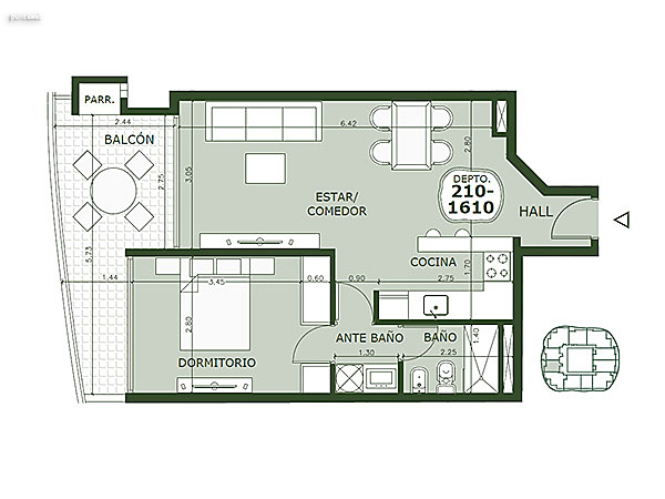 Apartamento 110 – 1 dormitorio<br>Superficie cubierta 48.50 m<br>Galera 11.85 m<br>Terraza 3.15 m<br>Circulacin comn 6.15 m<br>Total comercial 69.65 m<br>Comn 7.20 m<br>Cocheras 16.70 m<br><br>Superficie total 93.55 m