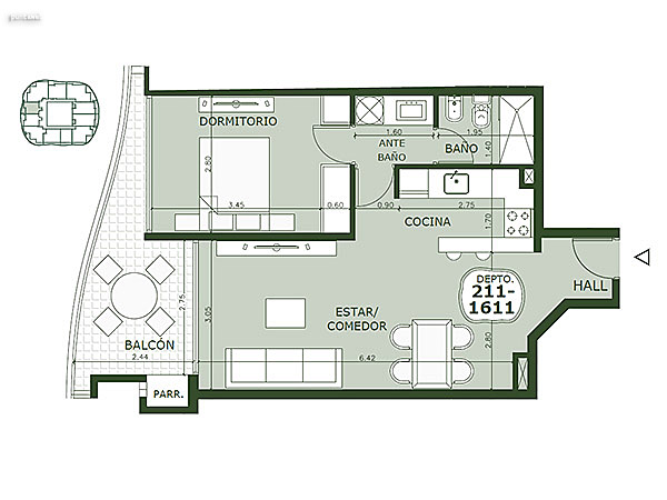 Apartamento 111 – 1 dormitorio<br>Superficie cubierta 48.80 m²<br>Galería 10.35 m²<br>Terraza 4.65 m²<br>Circulación común 6.00 m²<br>Total comercial 69.80 m²<br>Común 7.05 m²<br>Cocheras 16.40 m²<br><br>Superficie total 93.25 m²