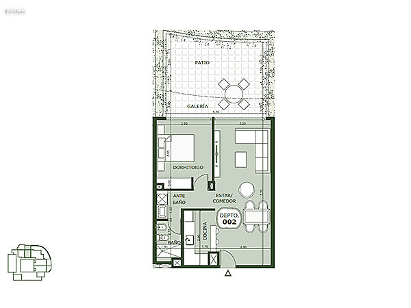 Apartamento 002 – 1 dormitorio<br>Superficie cubierta 49.00 m²<br>Galería 6.85 m²<br>Patio 19.00 m²<br>Circulación común 3.70 m²<br>Total comercial 78.55 m²<br>Común 6.65 m²<br>Cocheras 15.45 m²<br><br>Superficie total 100.65 m²