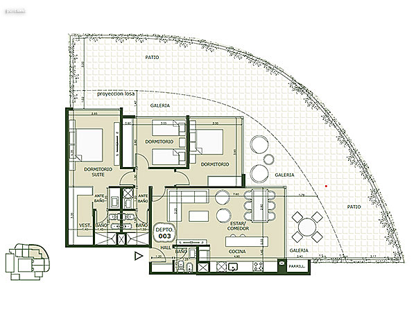 Apartamento 003 – 3 dormitorios<br>Superficie cubierta 96.95 m<br>Galera 33.65 m<br>Patio 74.70 m<br>Circulacin comn 8.65 m<br>Total comercial 213.95 m<br>Comn 15.55 m<br>Cocheras 36.15 m<br><br>Superficie total 265.65 m